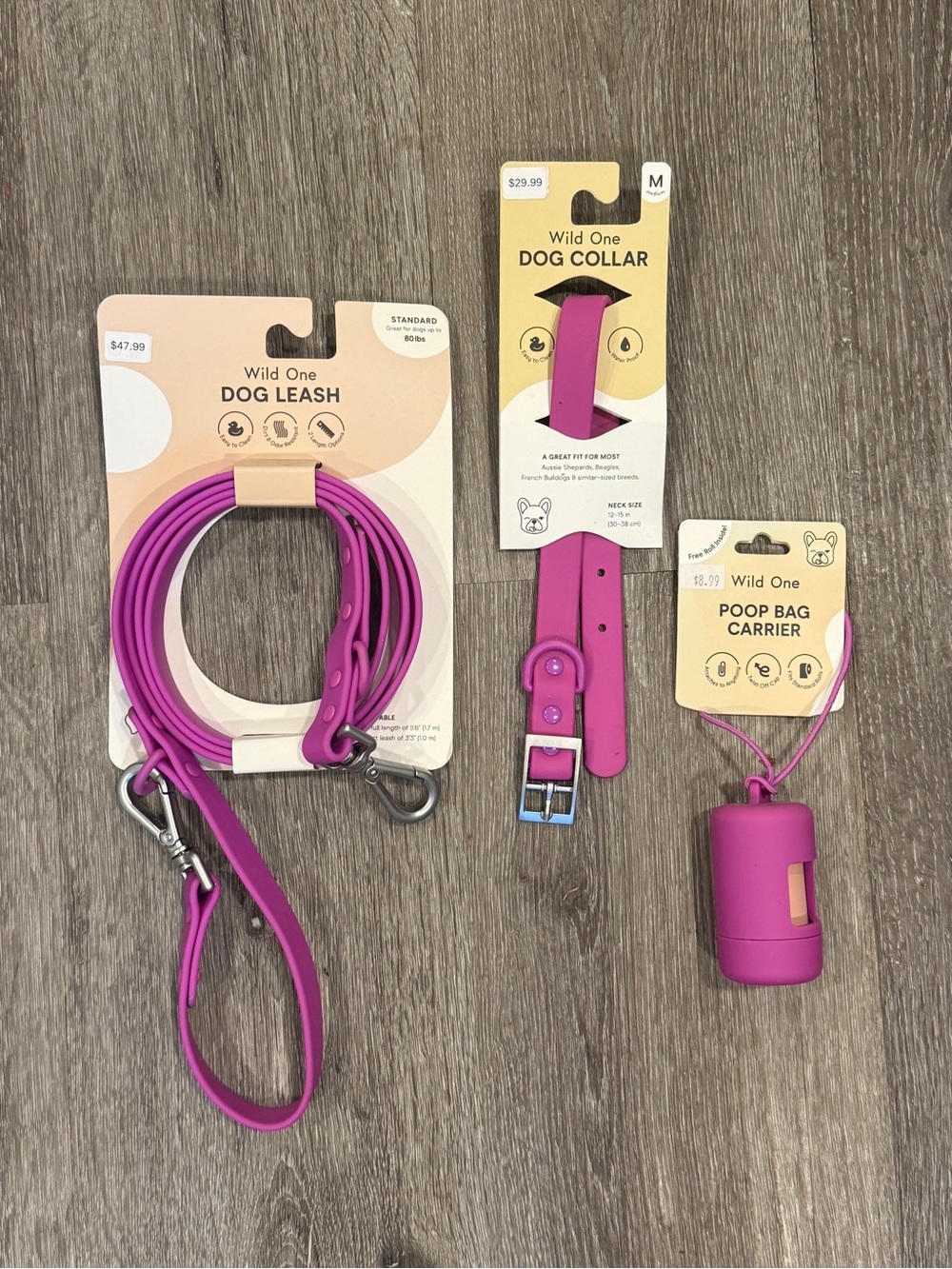 Wild One Dog Walking Set– Medium Collar, Standard Leash + Poop Bag - Orchid Pink